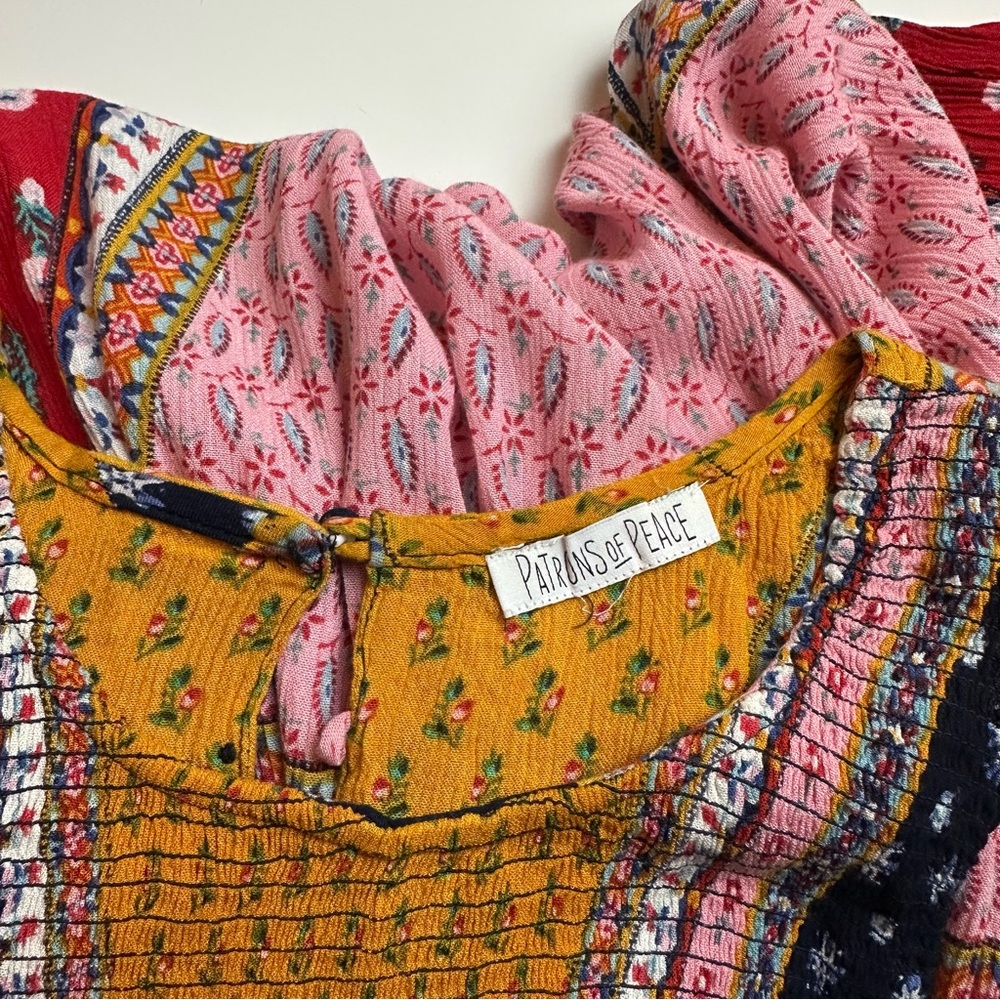 Patrons of Peace Patchwork Boho Mini Dress |Festival Prairie Cottagecore Rayon S - Picture 13 of 13